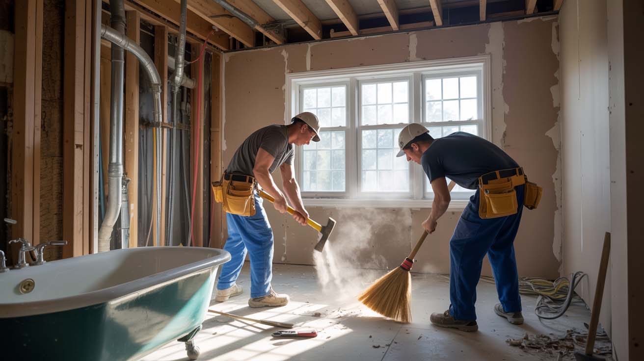 2 men doing demolition to a bathroom for preparation of a bathroom remodel